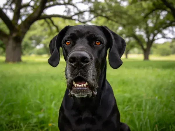 大丹犬注视草地场景中的镜头