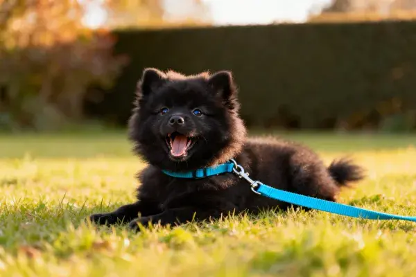 博美幼犬草地休憩瞬间