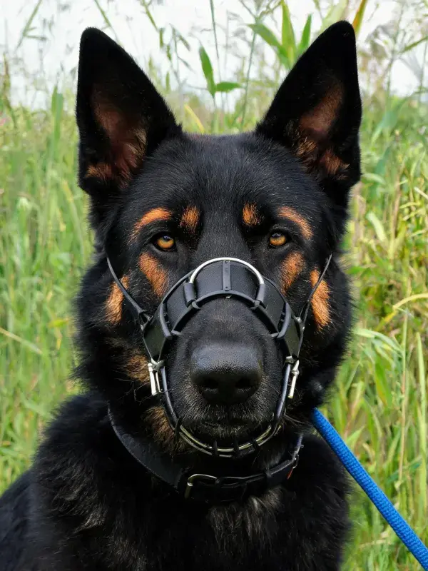 野外草地中戴口套的德国牧羊犬