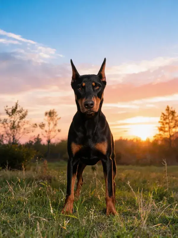 夕阳下草地里的杜宾犬