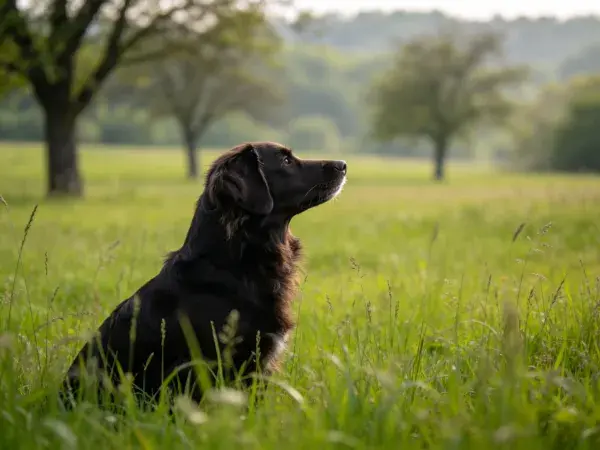 草地中黑色长毛犬的安静姿态