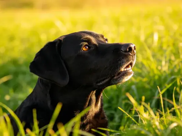 草地暖光下的拉布拉多犬特写