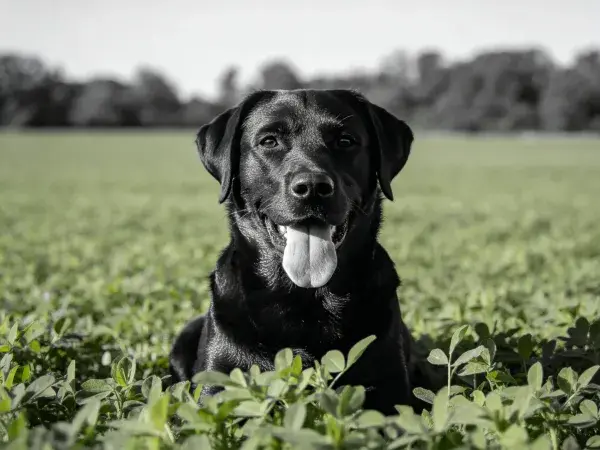 草地上的黑色拉布拉多犬放松姿态