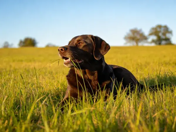 巧克力拉布拉多犬躺卧草地场景