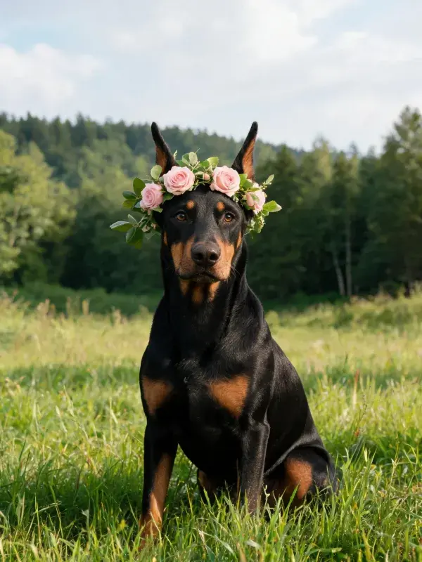 野外草地中戴花环的杜宾犬