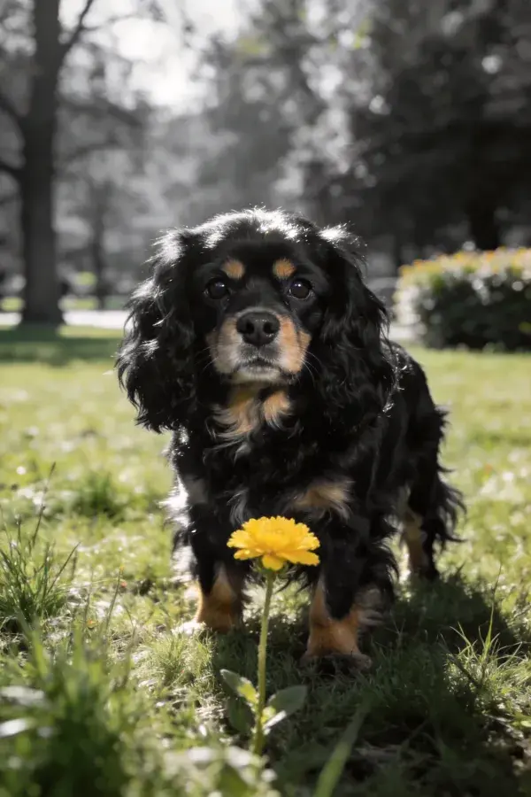可卡犬站立草地旁黄色花朵前