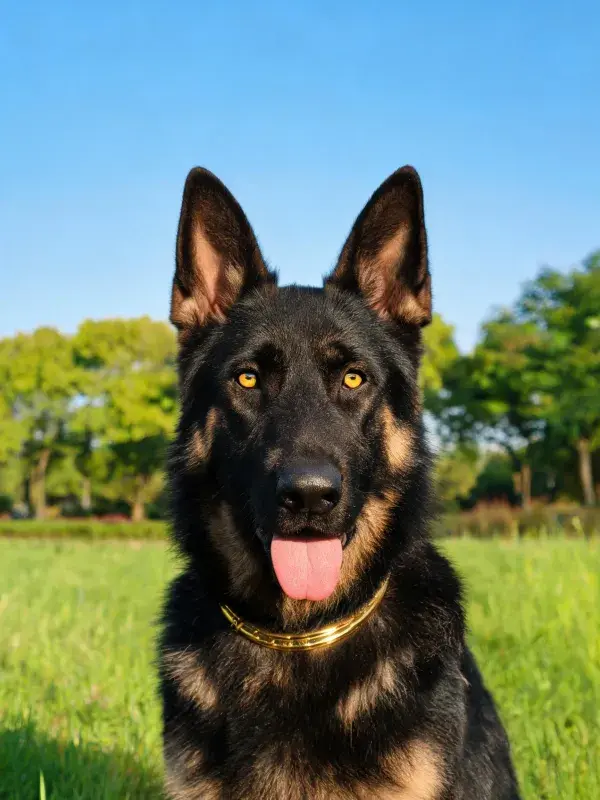 阳光草地上的德牧犬特写