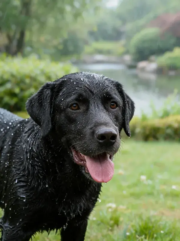 黑拉布拉多犬在雨中花园特写