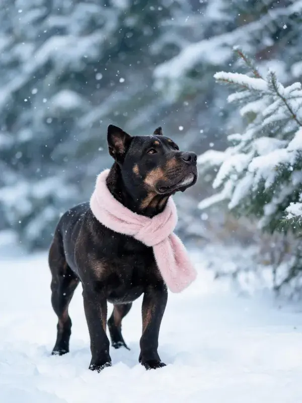 雪景中戴粉色围巾的杜宾犬特写