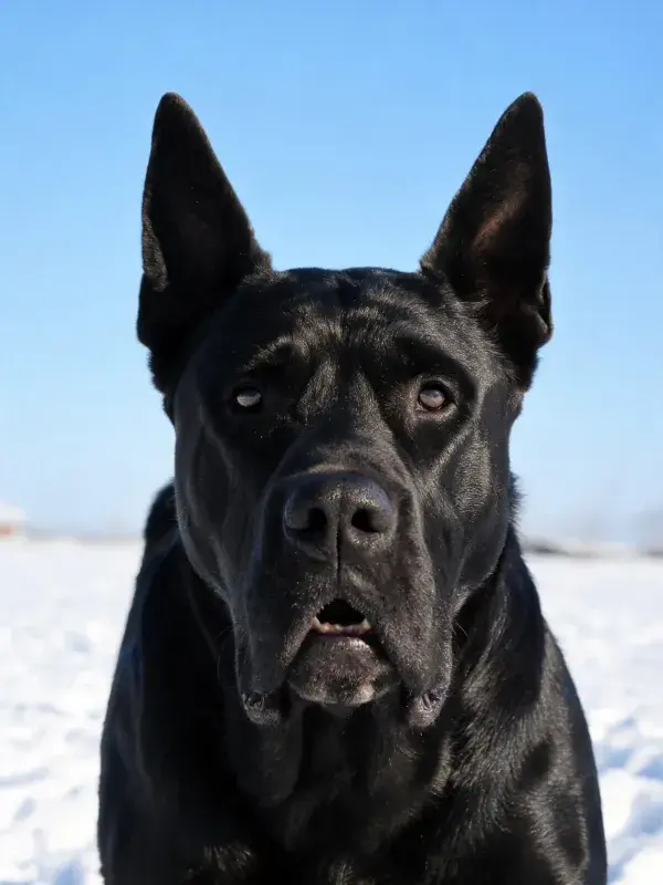 雪地中黑色大型犬的特写