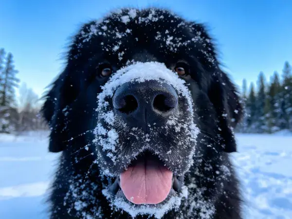 纽芬兰犬雪地中带雪面部特写