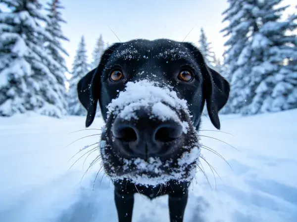 雪地中黑色拉布拉多犬的特写镜头