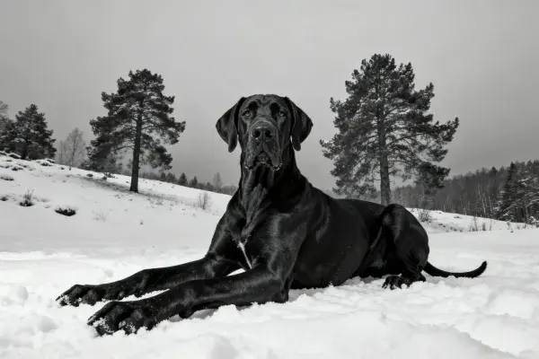 雪地中大丹犬休息场景
