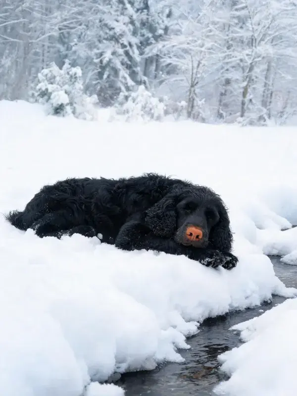 雪地溪边休憩的可卡犬场景