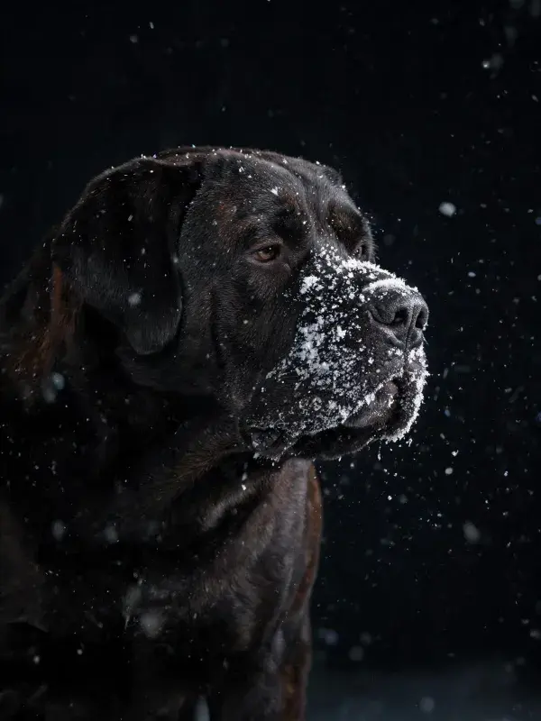 雪景中纽伯利顿獒犬特写