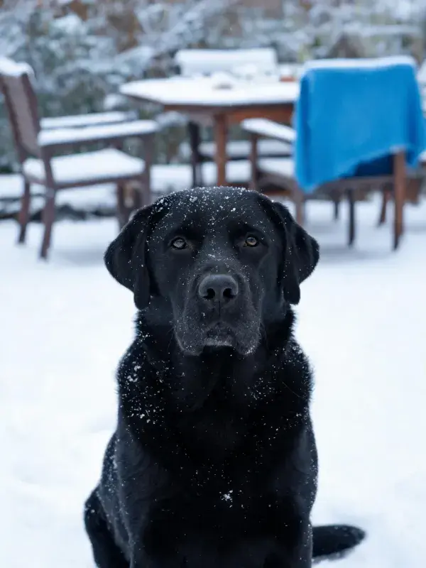 雪地中安静坐立的黑色拉布拉多