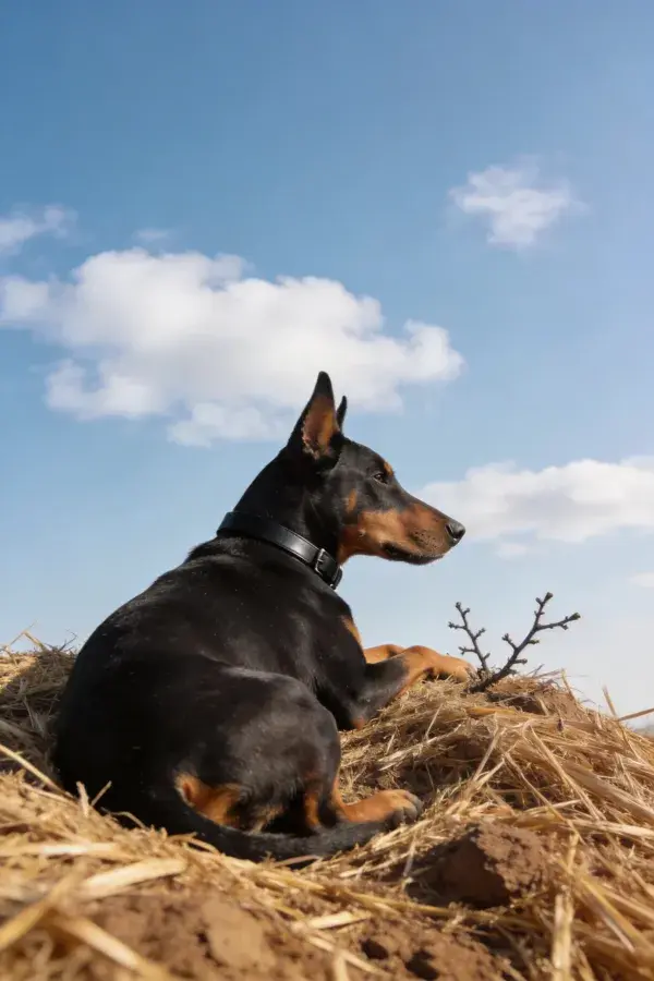 阳光下稻草堆上的曼彻斯特梗犬