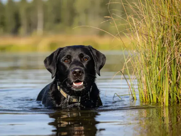 黑色拉布拉多犬水中游泳场景