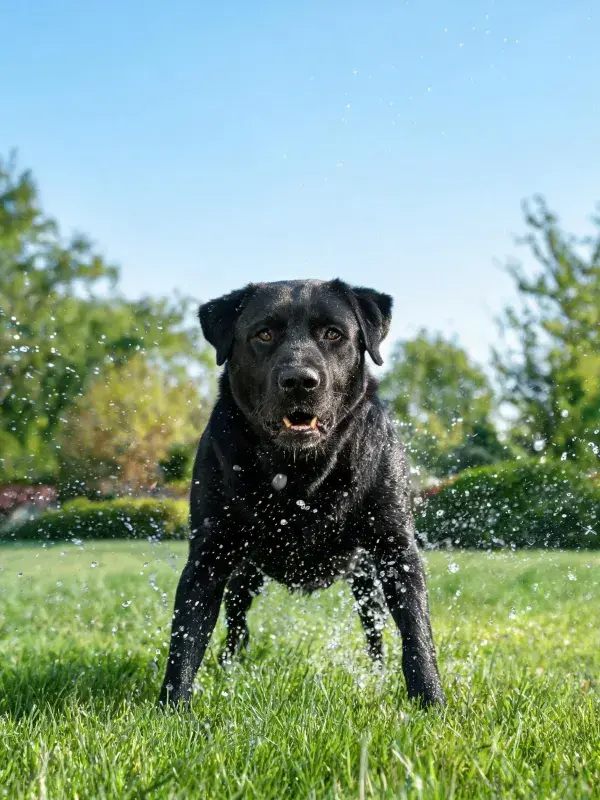 黑色拉布拉多猎犬草地戏水特写