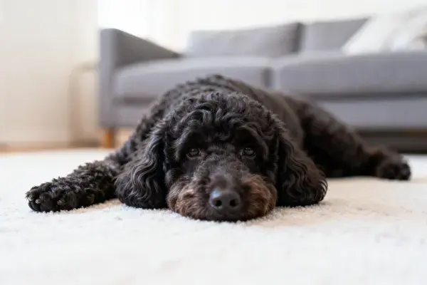 标准贵宾犬混种趴卧在白色地毯上