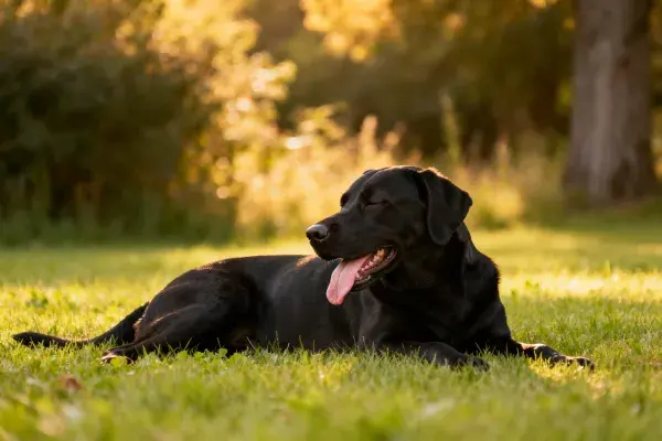 阳光草地上的拉布拉多猎犬休息场景