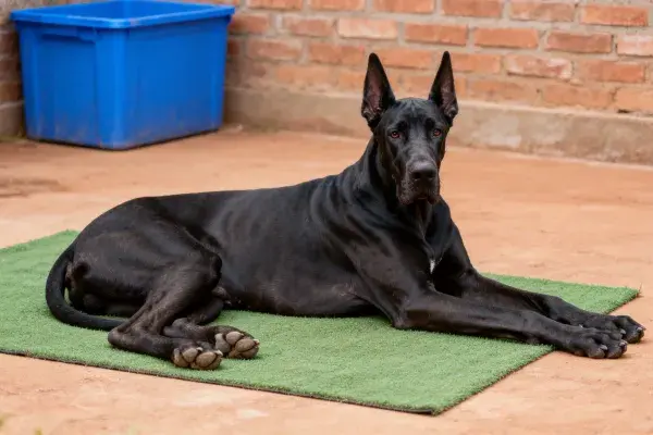 大丹犬于绿色垫子上的状态捕捉