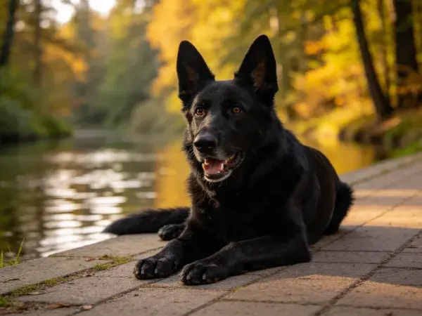 阳光下德国牧羊犬于河畔步道休息场景