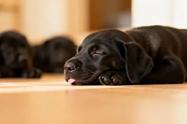 拉布拉多幼犬趴卧休息于木质地面