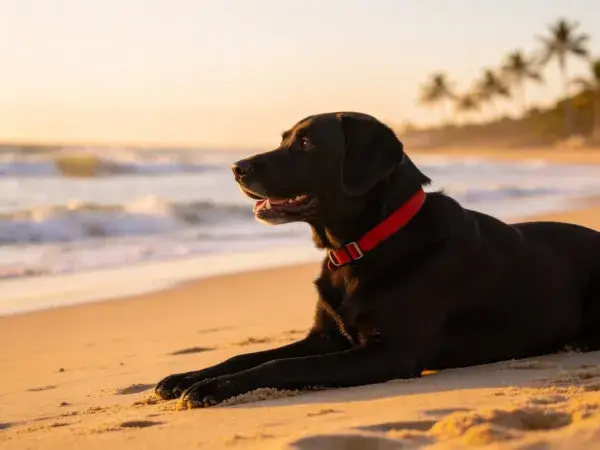 沙滩上的黑色拉布拉多犬休息