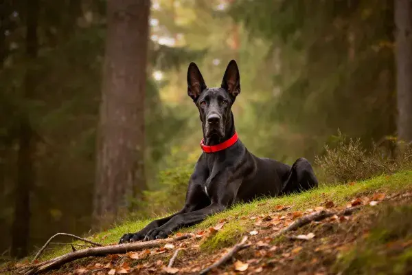 森林环境中躺卧的德系大丹犬