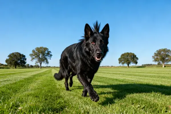 绿色草地上奔跑的黑德国牧羊犬