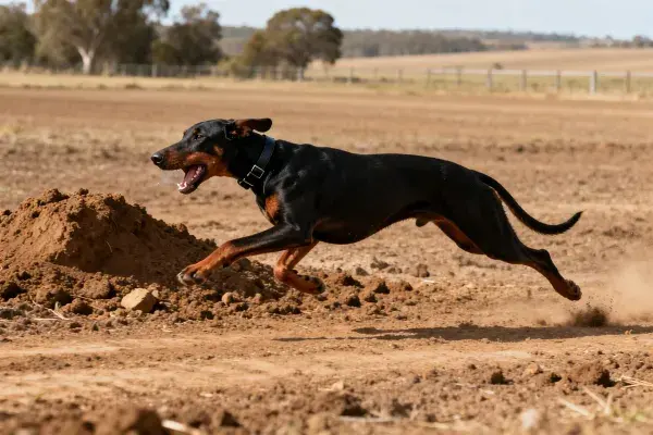 泥土场地上的杜宾犬奔跑瞬间