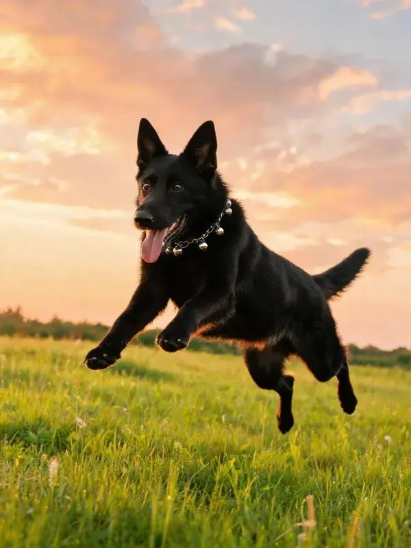 夕阳下草地中黑德国牧羊犬跳跃瞬间