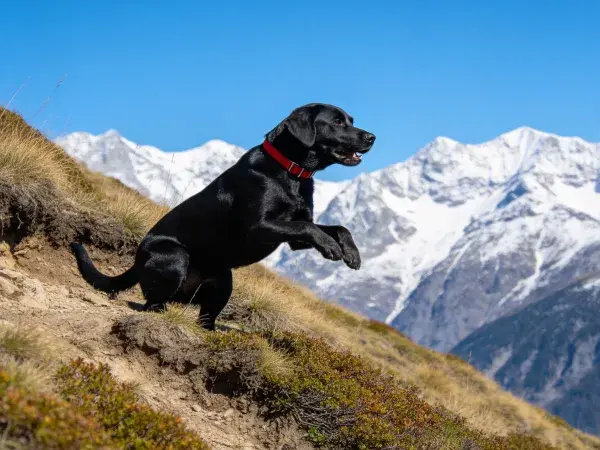 雪山背景下跳跃的黑拉布拉多寻回犬