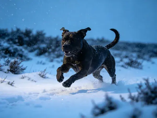 雪地中黑色拉布拉多犬奔跑瞬间