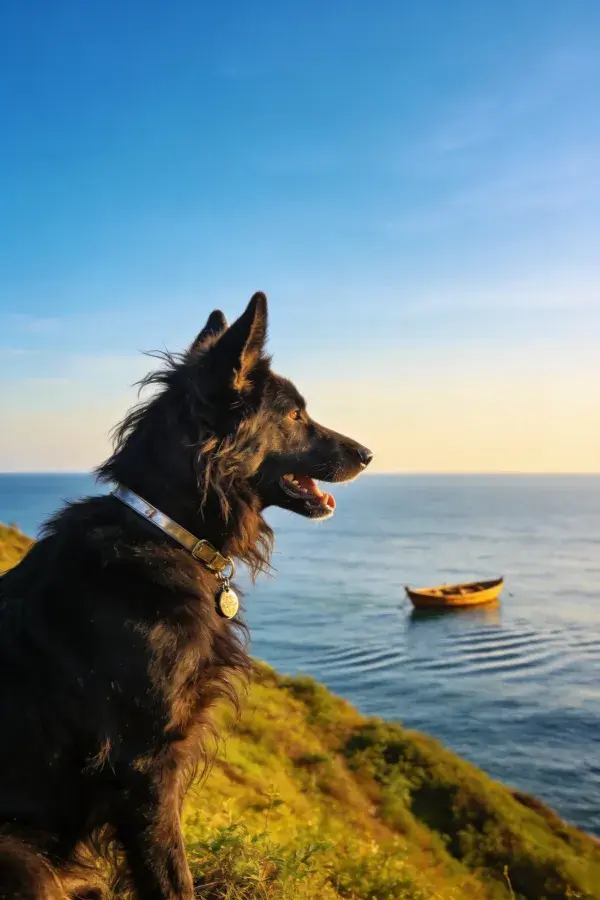 海边悬崖上的长毛德国牧羊犬