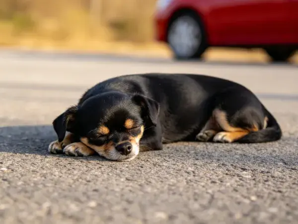 小型混种犬在路面休息的场景