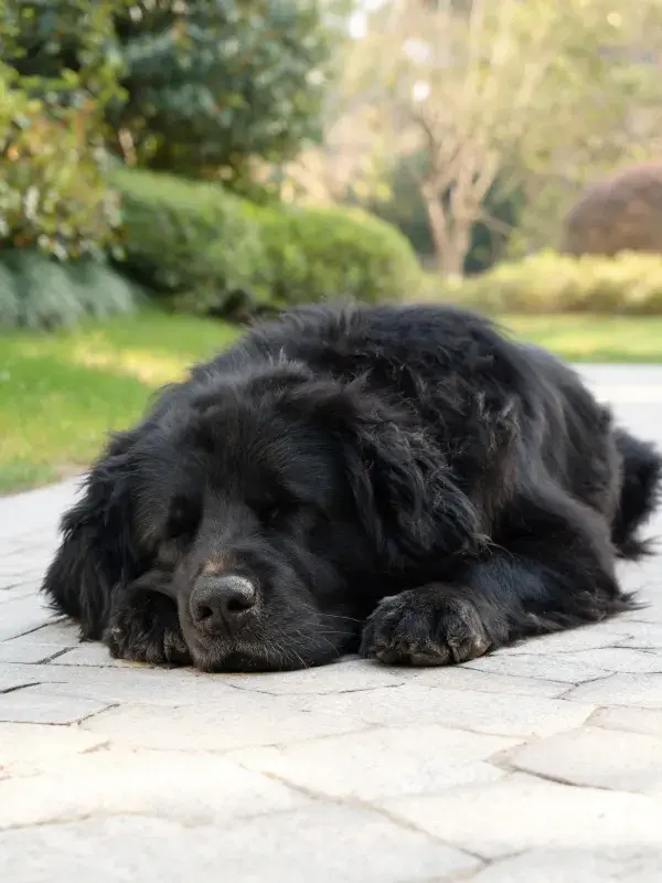 纽芬兰犬在砖石小径上休息