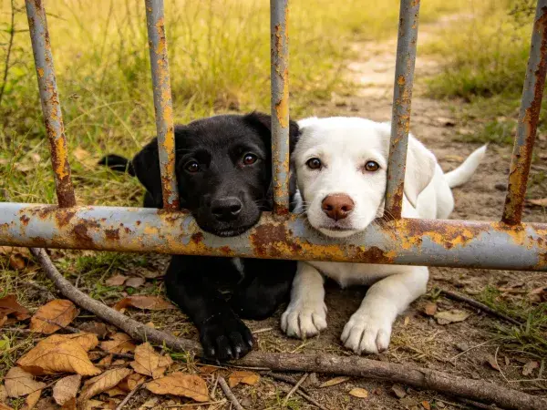 黑白拉布拉多幼犬铁栅栏前特写