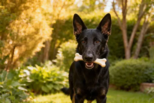 德国牧羊犬叼骨头的花园特写