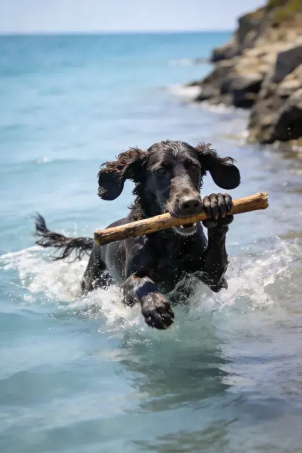 水中叼木条的拉布拉多犬