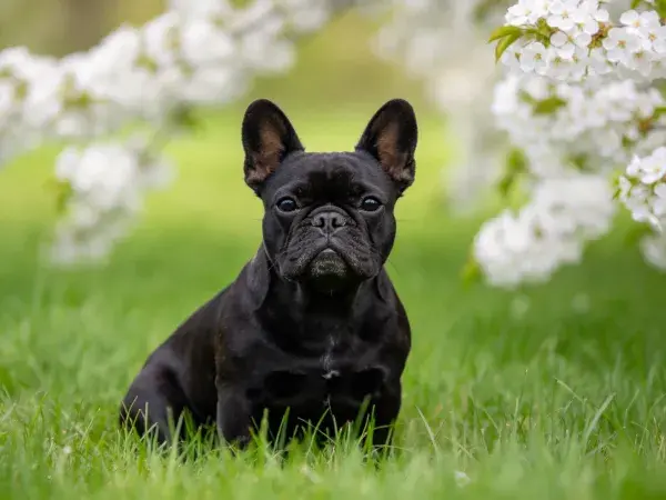 草地花园里的黑色法国斗牛犬