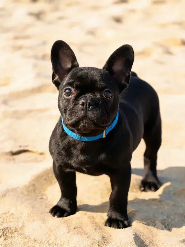 沙滩上的法国斗牛犬特写