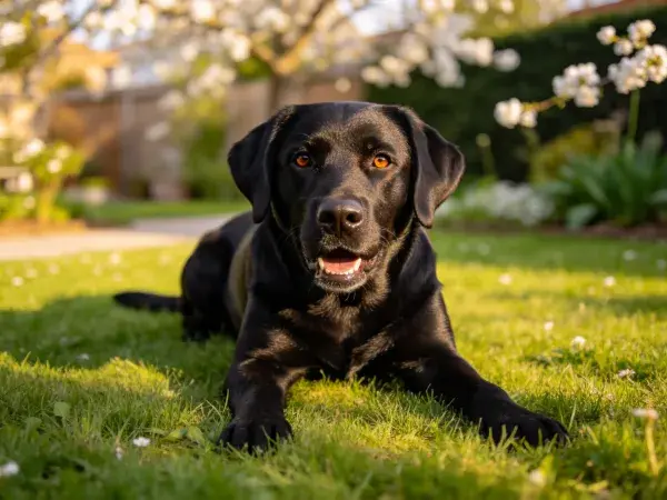 花园草地上的黑色拉布拉多犬