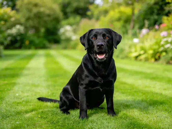 黑色拉布拉多犬坐于花园草坪场景