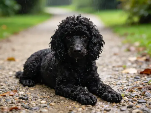 石板路上湿贵宾犬躺卧场景