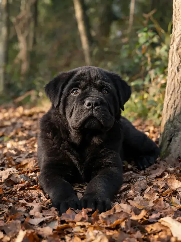 阳光下落叶中的卡斯罗幼犬特写