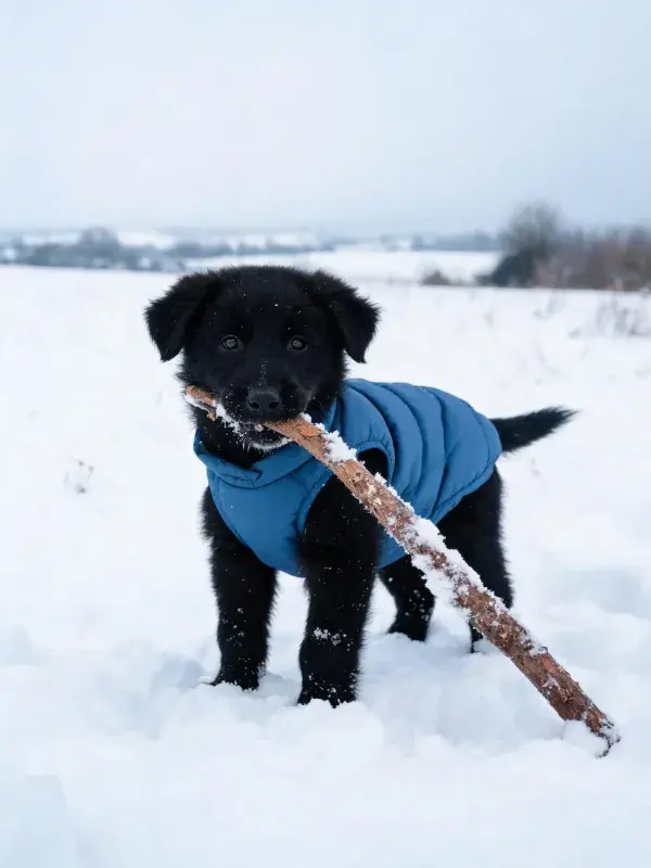 雪地中穿蓝色外套的短毛混血幼犬