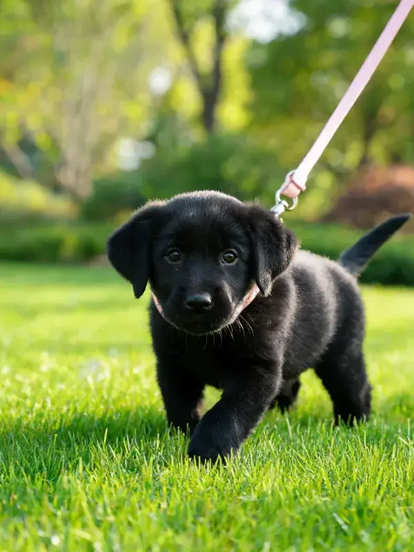 阳光草地上的黑色拉布拉多幼犬