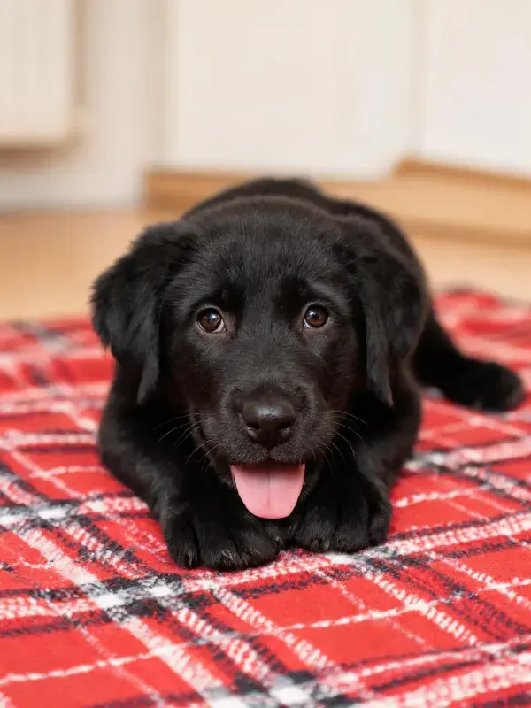 室内红毯上的黑色拉布拉多幼犬